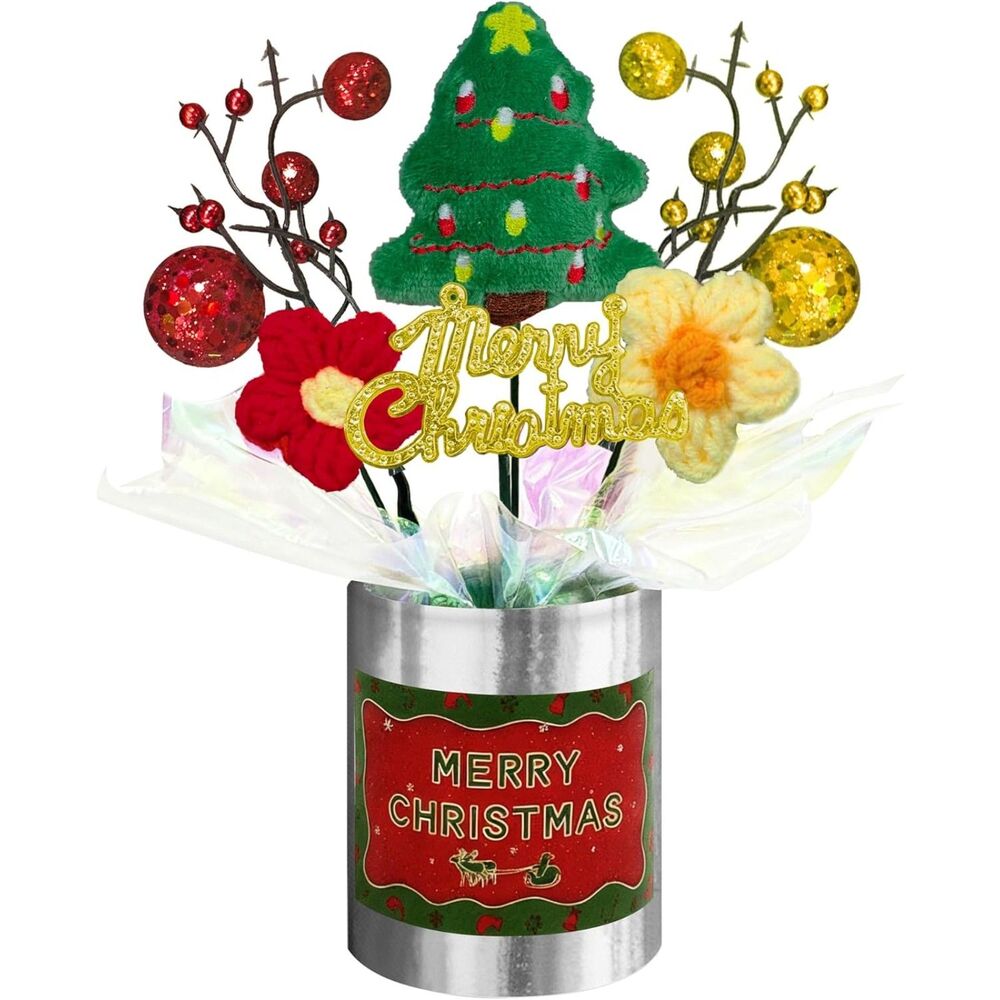 Christmas Decoration Handmade Plush Tree & Crochet Flowers with Silver Base 8"